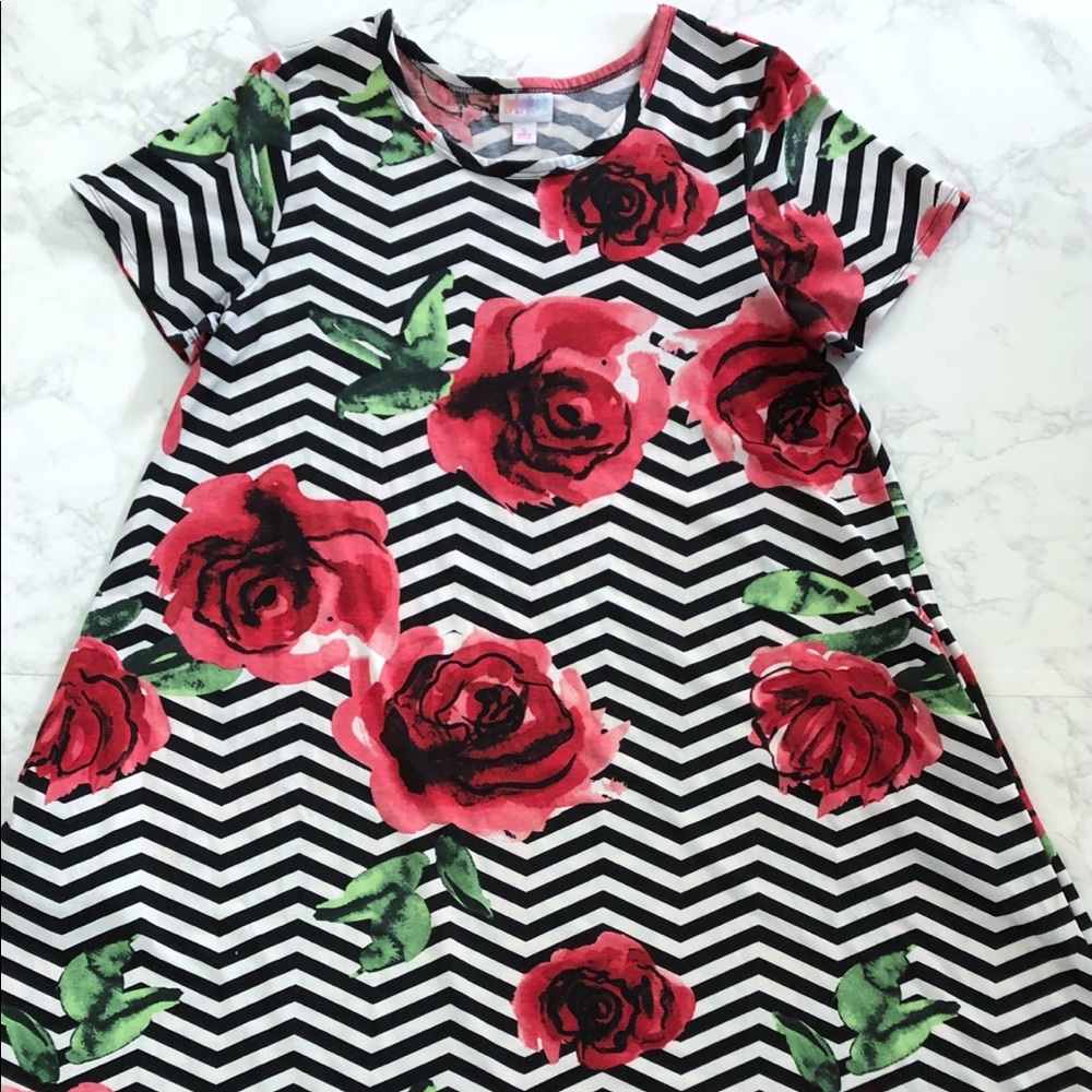 LuLaRoe Small Jessie (Swing Dress w/ Pockets) - Chevron and Roses Pattern